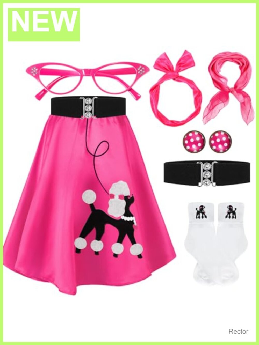 7 Pc 50s Poodle Skirt Costume Set Chiffon Scarf Belt Socks Women Halloween